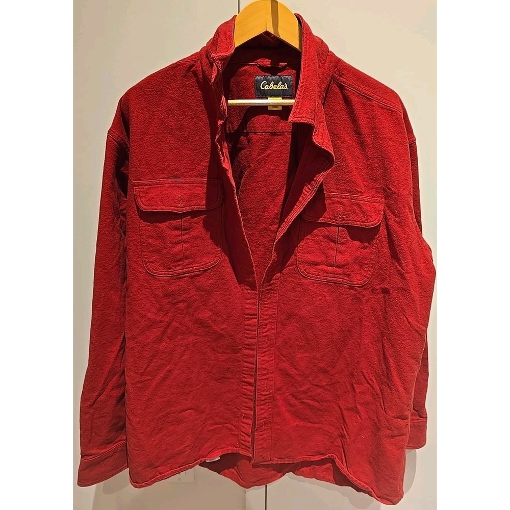 Cabelas Mens Red Heavy Cotton Flannel Shirt XLT Tall Long Sleeve Missing Buttons